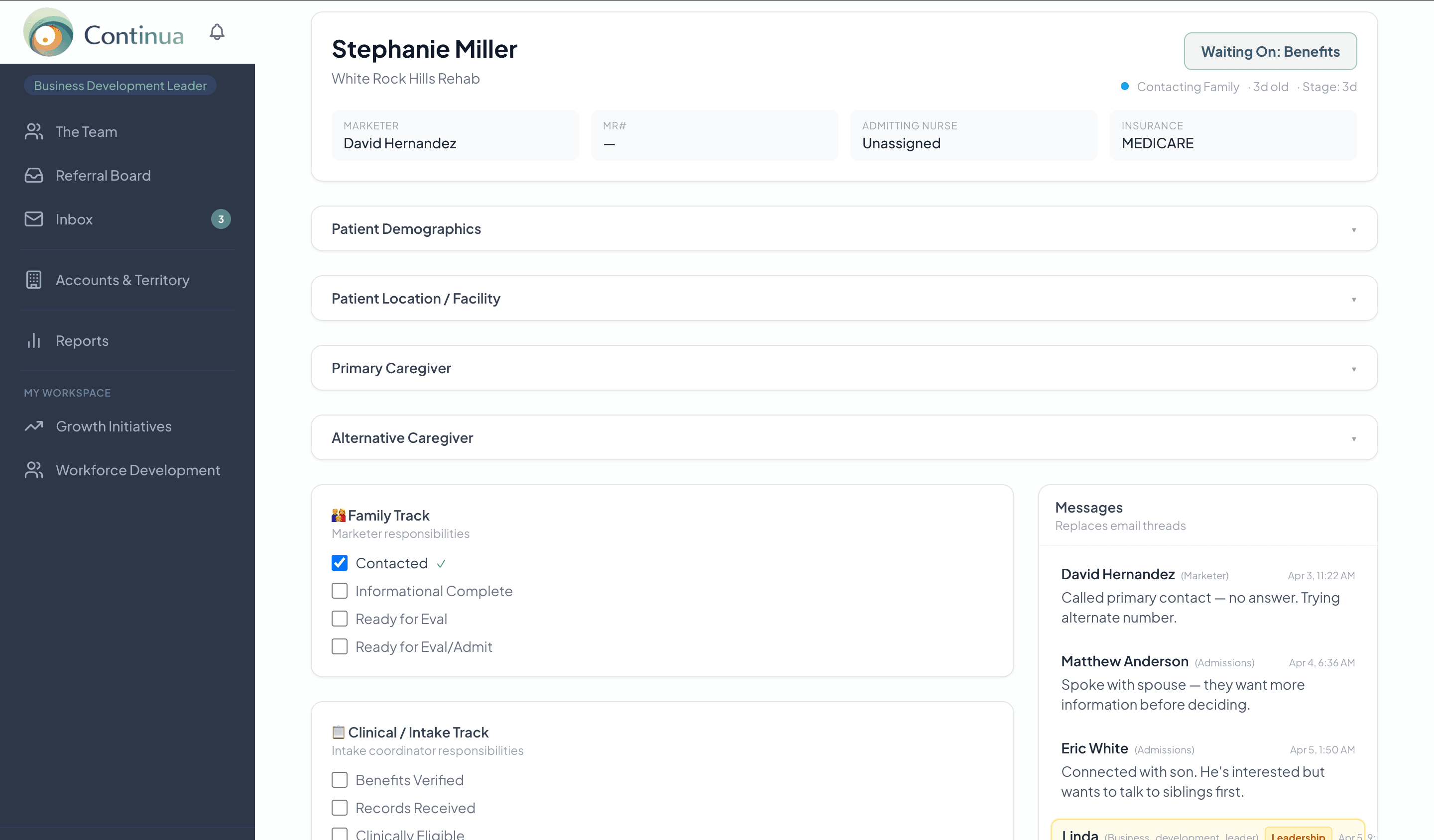 Referral Card — clear status, owner, and next step